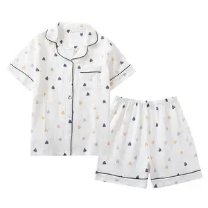 Europe and America summer ladies cotton gauze short sleeve shorts pajamas suit cute heart-shaped thin section home service suit