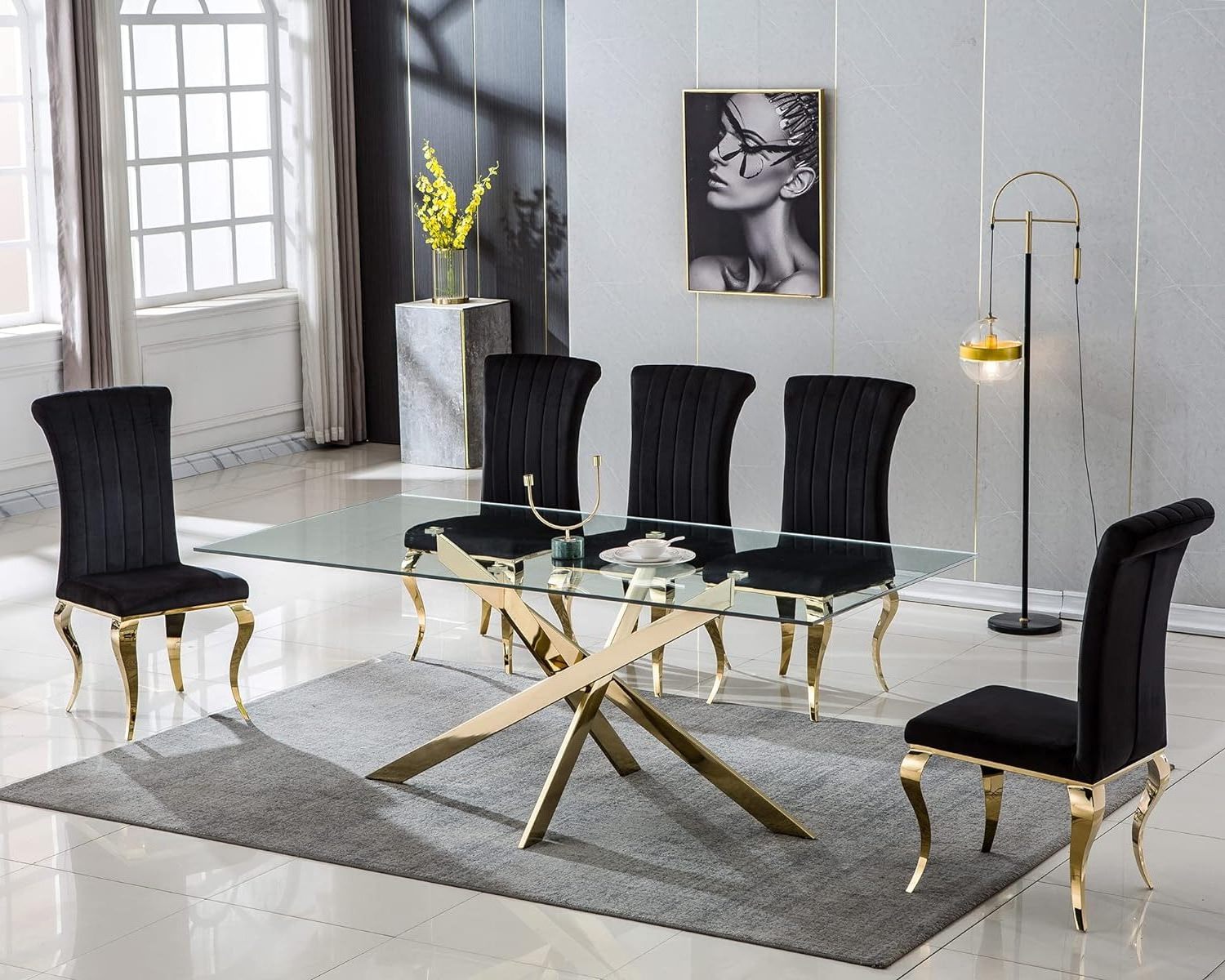 luxury dining room 4 sill furniture table set chair modern metal black velvet dinning chair