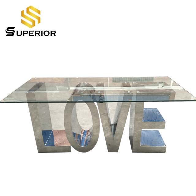 latest design glass top white dining table love letter table