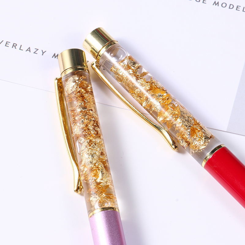 SHULI Dlugopis Floating gold flake metal crystal ball pen with glitter and Gold foil Metal Ballpoint Pen With Customized Logo