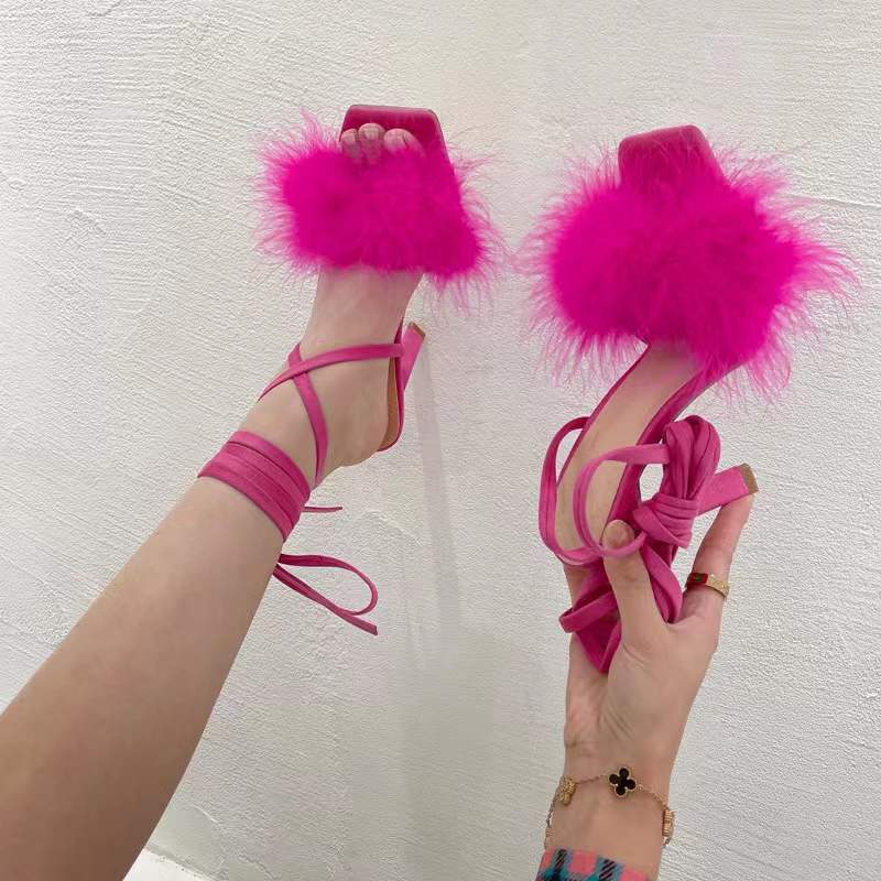 2022 European and American MAO MAO banquet shoes feather Rome strap super high heels sandals wedding shoes