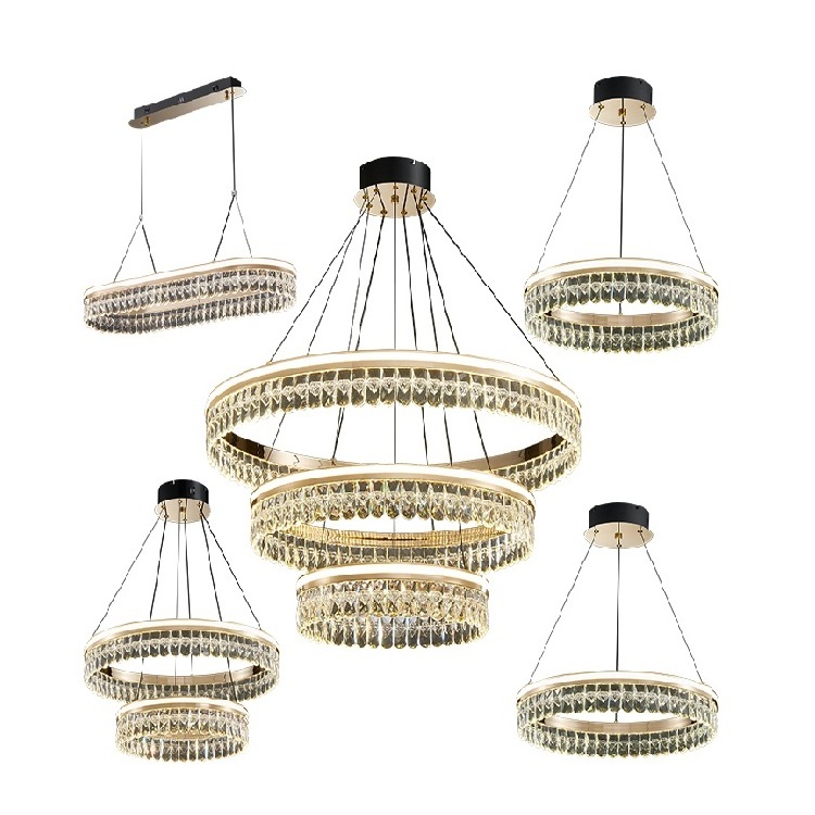 Hotel Home Decoration Dimming Round  led lights Aluminum Gold Frame Crystal Led Chandelier Pendant Light