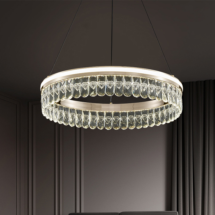 Contemporary Living Room Dimming Aluminum round led lights  2 Layers Led Pendant Light Luxury Crystal Chandelier