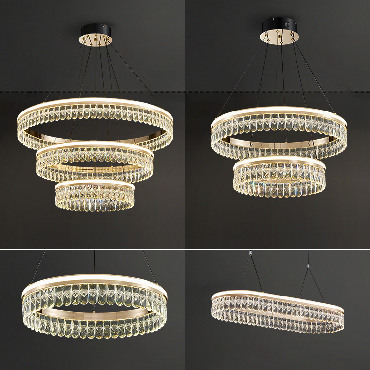 Contemporary Living Room Dimming Aluminum round led lights  2 Layers Led Pendant Light Luxury Crystal Chandelier