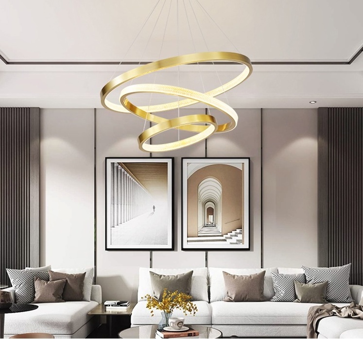 Modern Creative Design Hotel Living Room Ceiling Hanging Lamp Acrylic Gold Circle Led Pendant Light