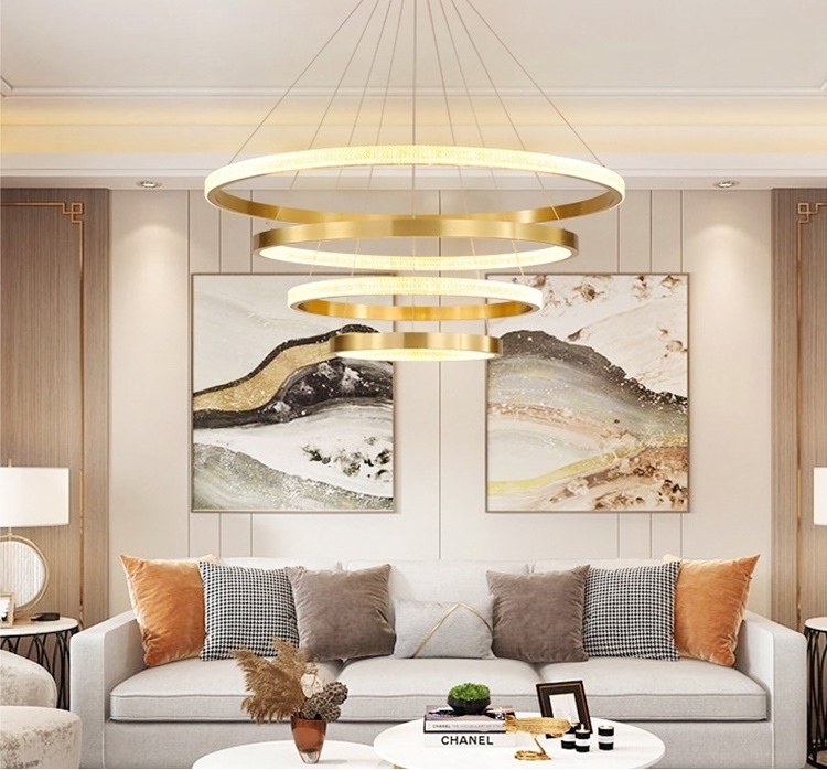 Modern Creative Design Hotel Living Room Ceiling Hanging Lamp Acrylic Gold Circle Led Pendant Light