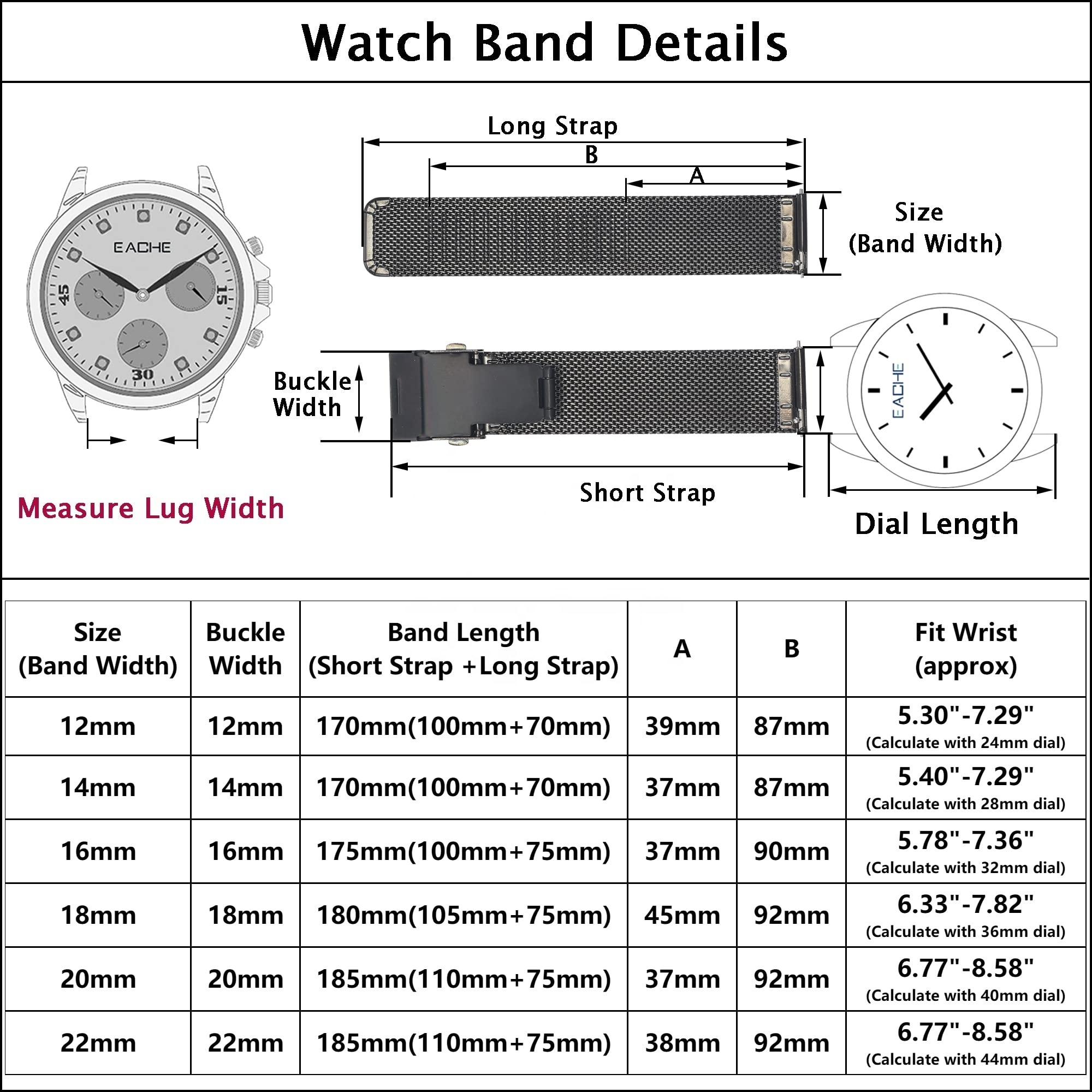 Stainless Steel Mesh Watch Band for Men Women, Adjustable Watch Strap 20 12 14 16 18 22mm Quick Release Metal Watch Strap