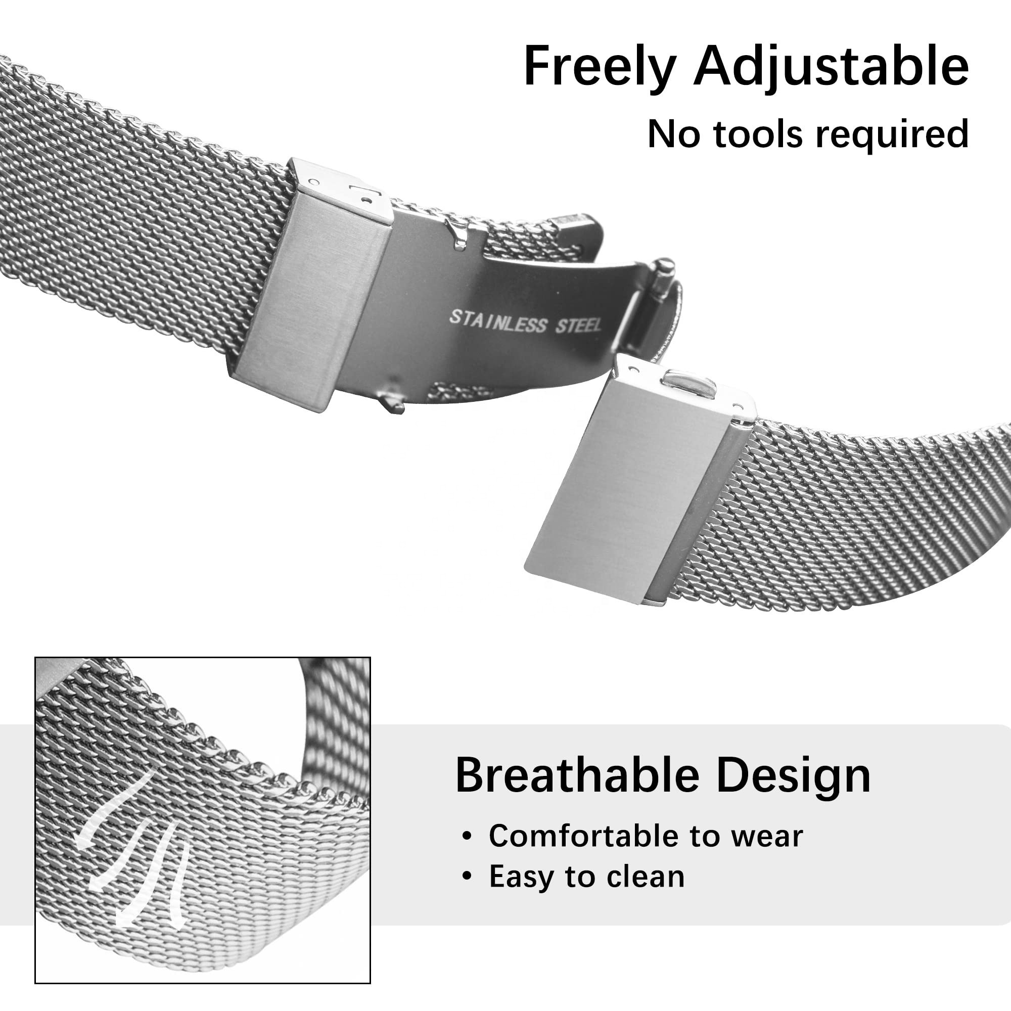 Stainless Steel Mesh Watch Band for Men Women, Adjustable Watch Strap 20 12 14 16 18 22mm Quick Release Metal Watch Strap