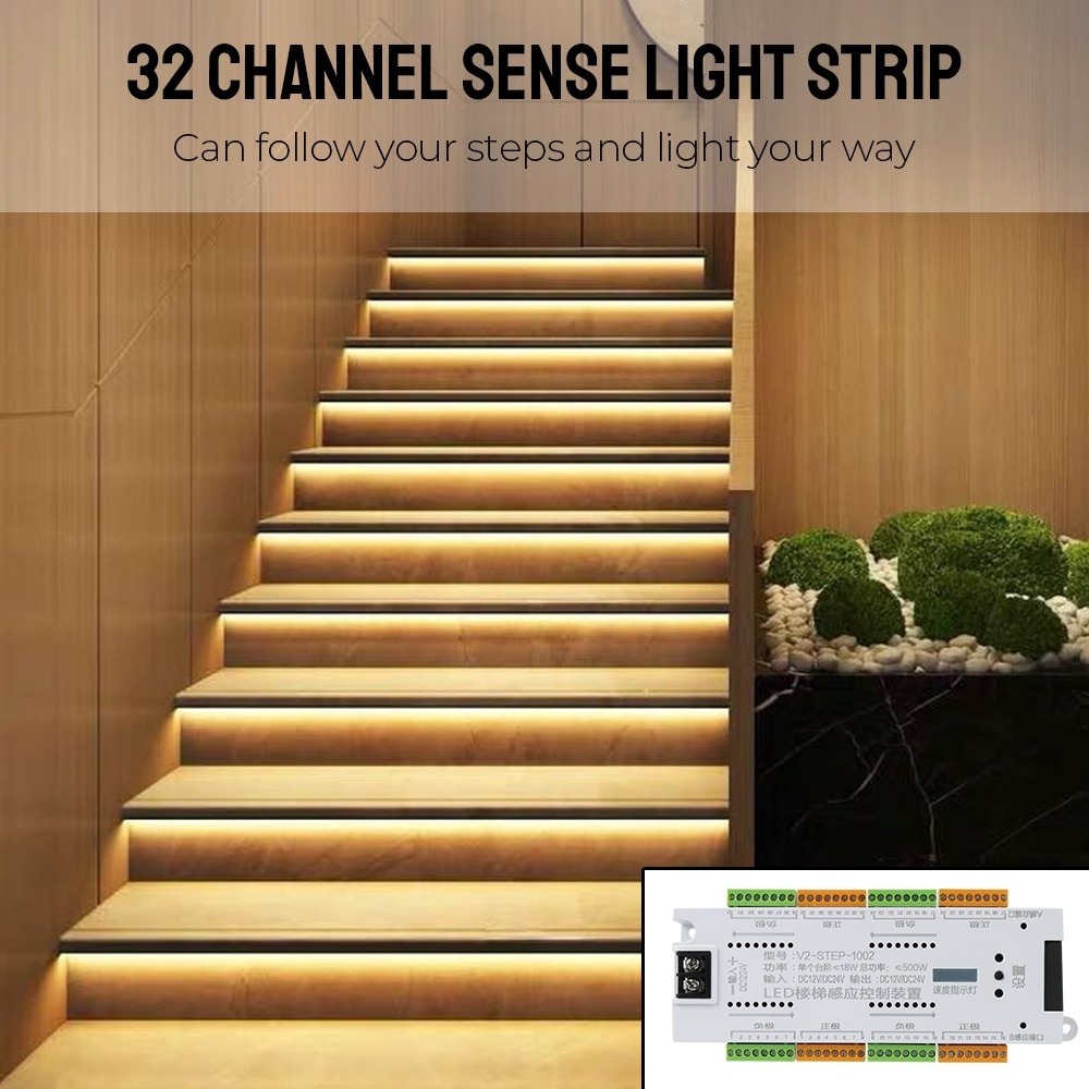 LED Motion Sensor 32 Channels Automatic Stair Light Controller Kit For Stairs Flexible Strip Stairway Lighting Indoor DC 12V 24V