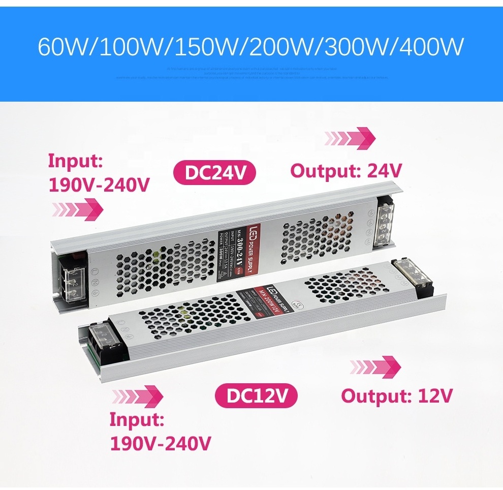 Ultra Thin LED Power Supply DC 12V 24V Lighting Transformers 60W 100W 150W 200W 300W 400W AC190-240V Driver For LED Strips