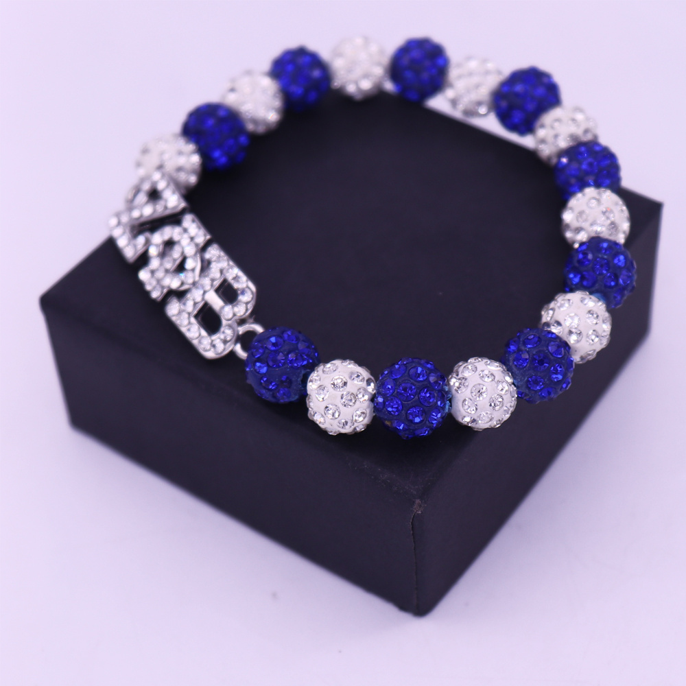 New Handmade Elastic Sorority Gifts White Blue Crystal Disco Ball Beads Greek Letters Zeta Phi Beta Bracelet Adjust