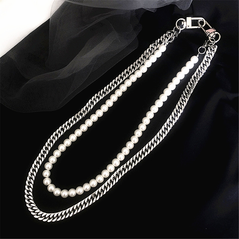 Handmade Layers  Chain Stainless Steel Cuban Link Chain Pearl Beaded Necklace DIY For Pants Jeans Waist Girl Gift Jewelry