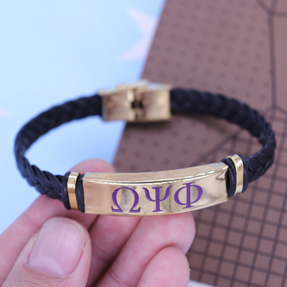 New Designer Stainless Steel Gold Plated Black Braided Leather Letter Psi Phi Greek Charm Handmade Fraternity Bracelet Bangles