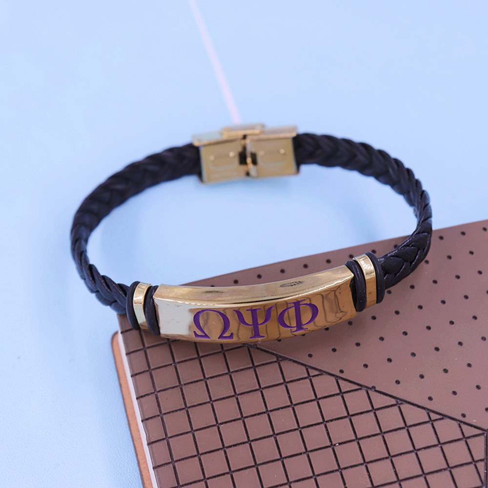 New Designer Stainless Steel Gold Plated Black Braided Leather Letter Psi Phi Greek Charm Handmade Fraternity Bracelet Bangles