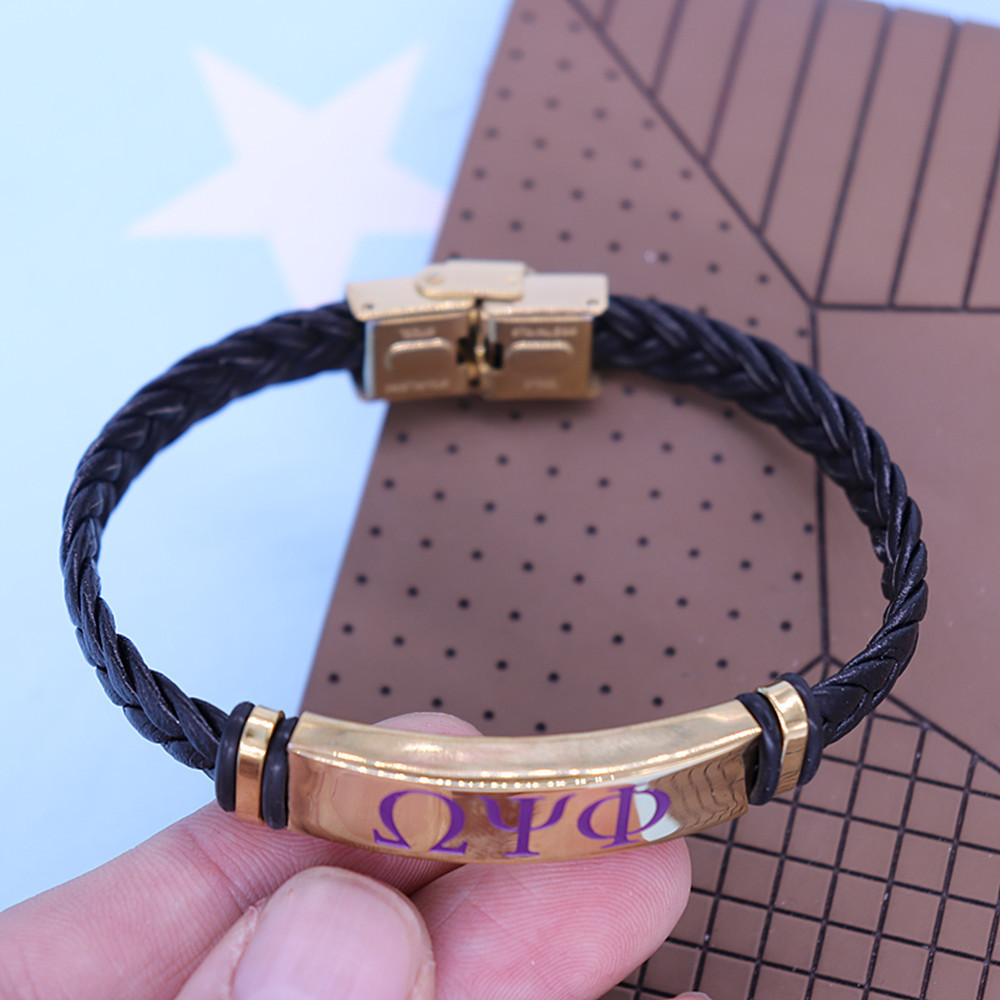 New Designer Stainless Steel Gold Plated Black Braided Leather Letter Psi Phi Greek Charm Handmade Fraternity Bracelet Bangles