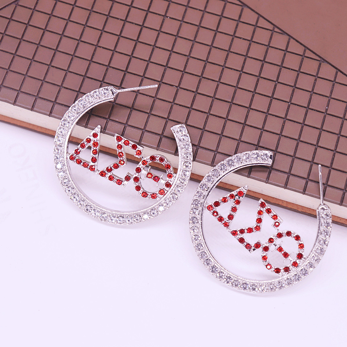 New Release Wholesale Fashionable Sorority Huggie Ear Jewelry Rhinestone Covered Greek Delta DST Women Hoop Earring