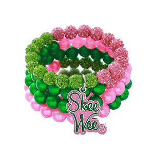 Premium Quality Four Layered Pink And Green Tone Beads Making Greek Sorority Symbol Skee Wee Statement Women Bracelet