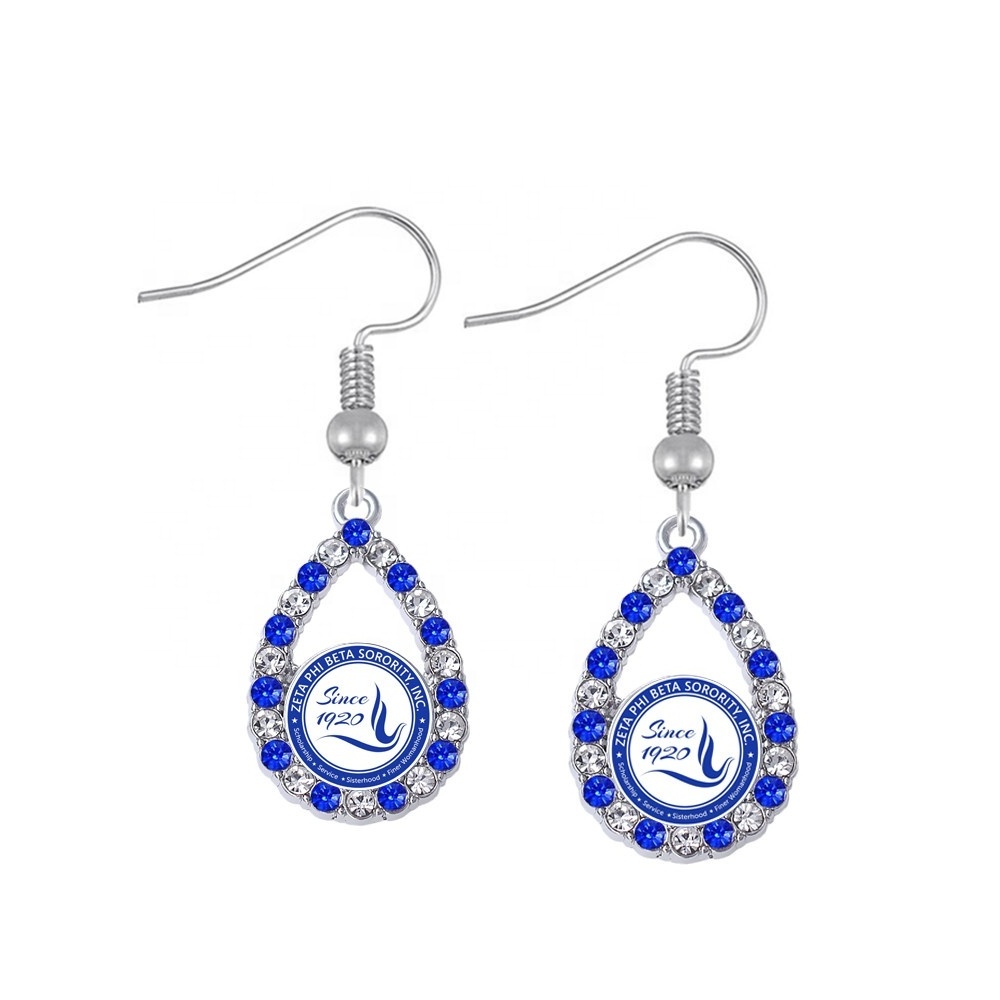 Stylish Custom Metal Inlay Diamond Blue White Crystal Sticker Soror Greek Member Society Sign Zeta Phi Beta Earrings