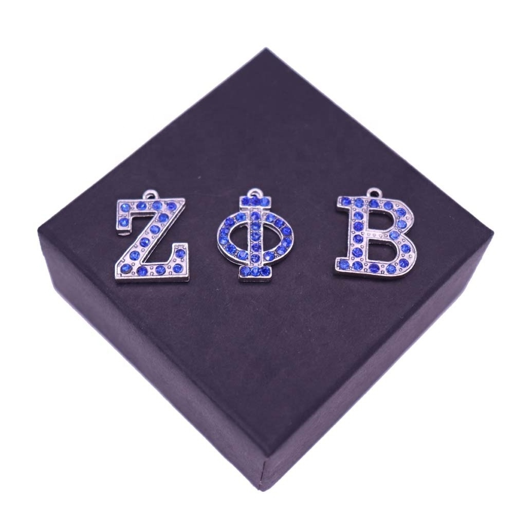 Metal Alloy Blue Crystal Rhinestone Greek Letter ZPB Label Jewelry Zeta Phi Beta Pendants Charm For Earring Bracelets Making