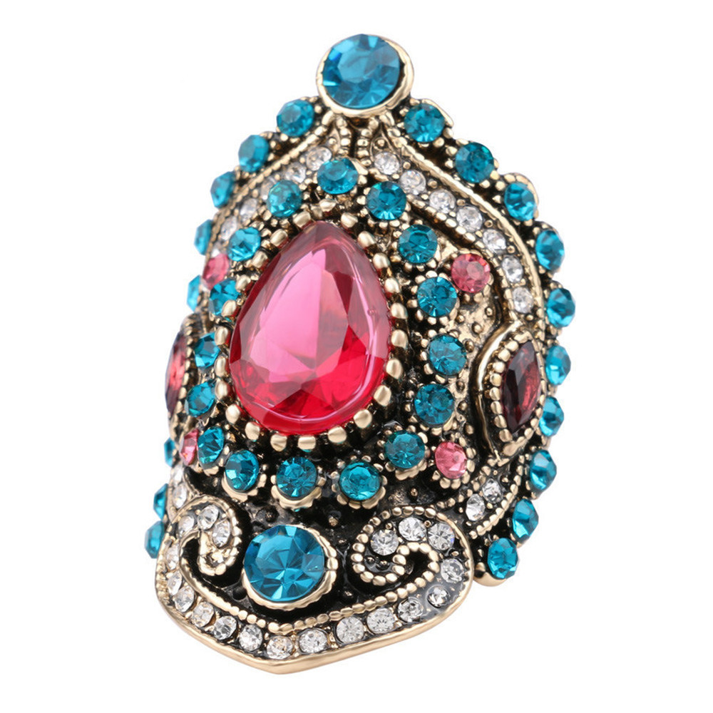 Hot Selling Trendy Designer Women Rings Ethnic Blue Crystal Baroque Antique Gold Plated Alloy Pink Resin Rings