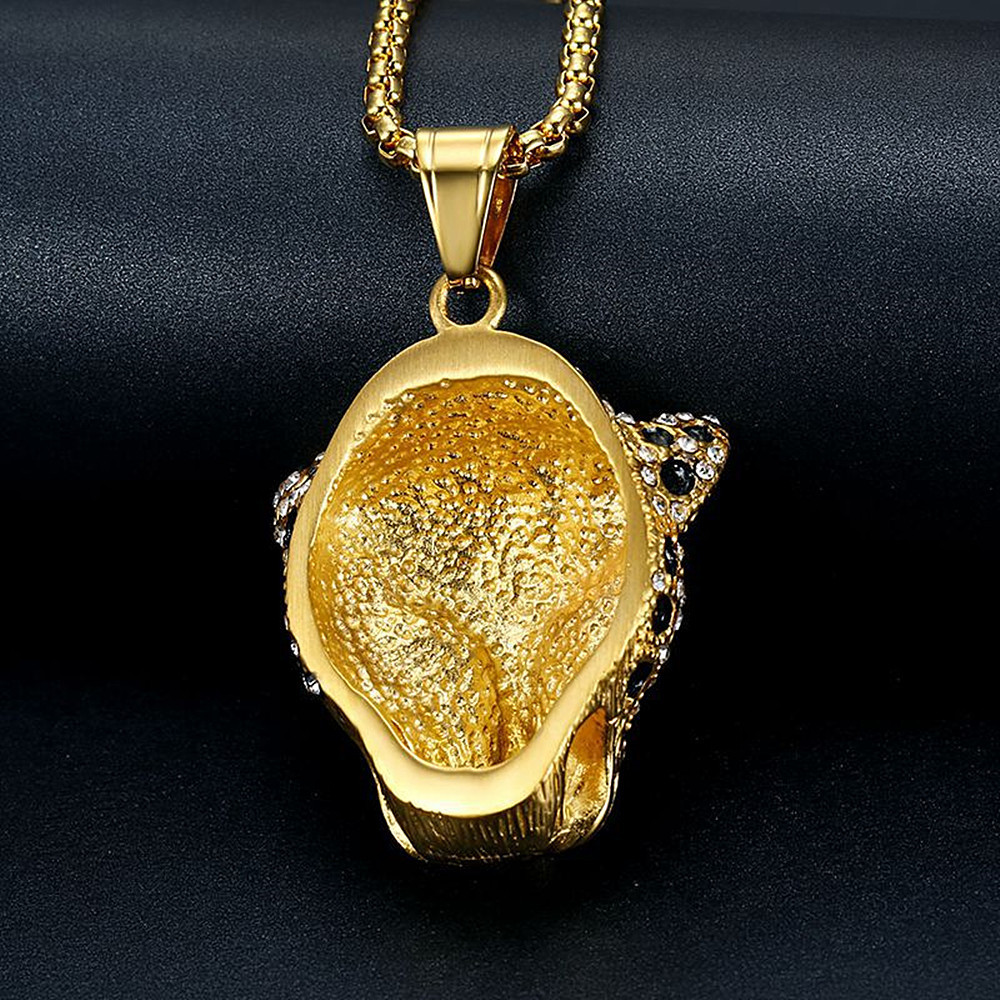 Luxury 18K Gold Plated Inlay Crystal Rhinestone Stainless Steel Leopard Head Pendant Jewelry Necklace For Men