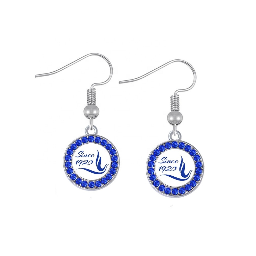 Stylish Custom Metal Inlay Diamond Blue White Crystal Sticker Soror Greek Member Society Sign Zeta Phi Beta Earrings