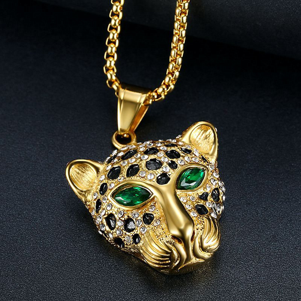 Luxury 18K Gold Plated Inlay Crystal Rhinestone Stainless Steel Leopard Head Pendant Jewelry Necklace For Men