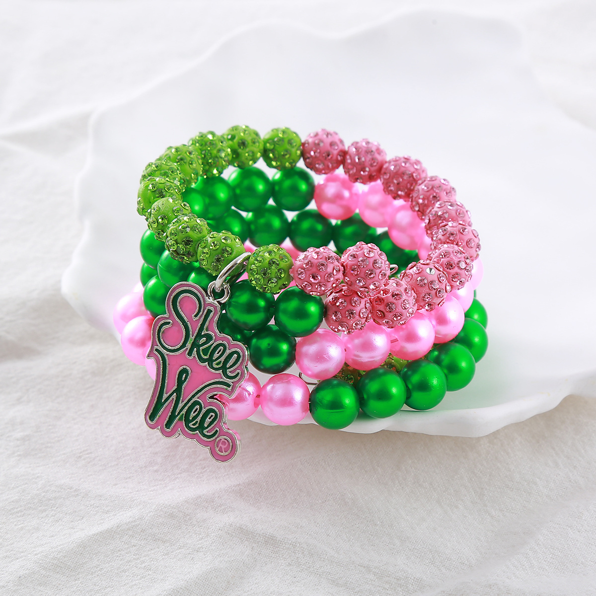 Premium Quality Four Layered Pink And Green Tone Beads Making Greek Sorority Symbol Skee Wee Statement Women Bracelet