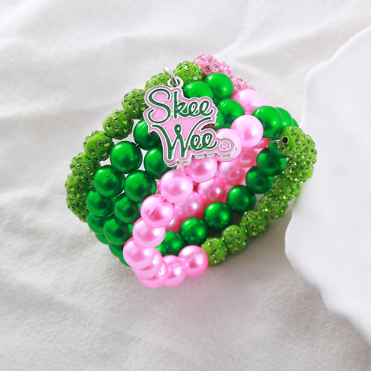 Premium Quality Four Layered Pink And Green Tone Beads Making Greek Sorority Symbol Skee Wee Statement Women Bracelet