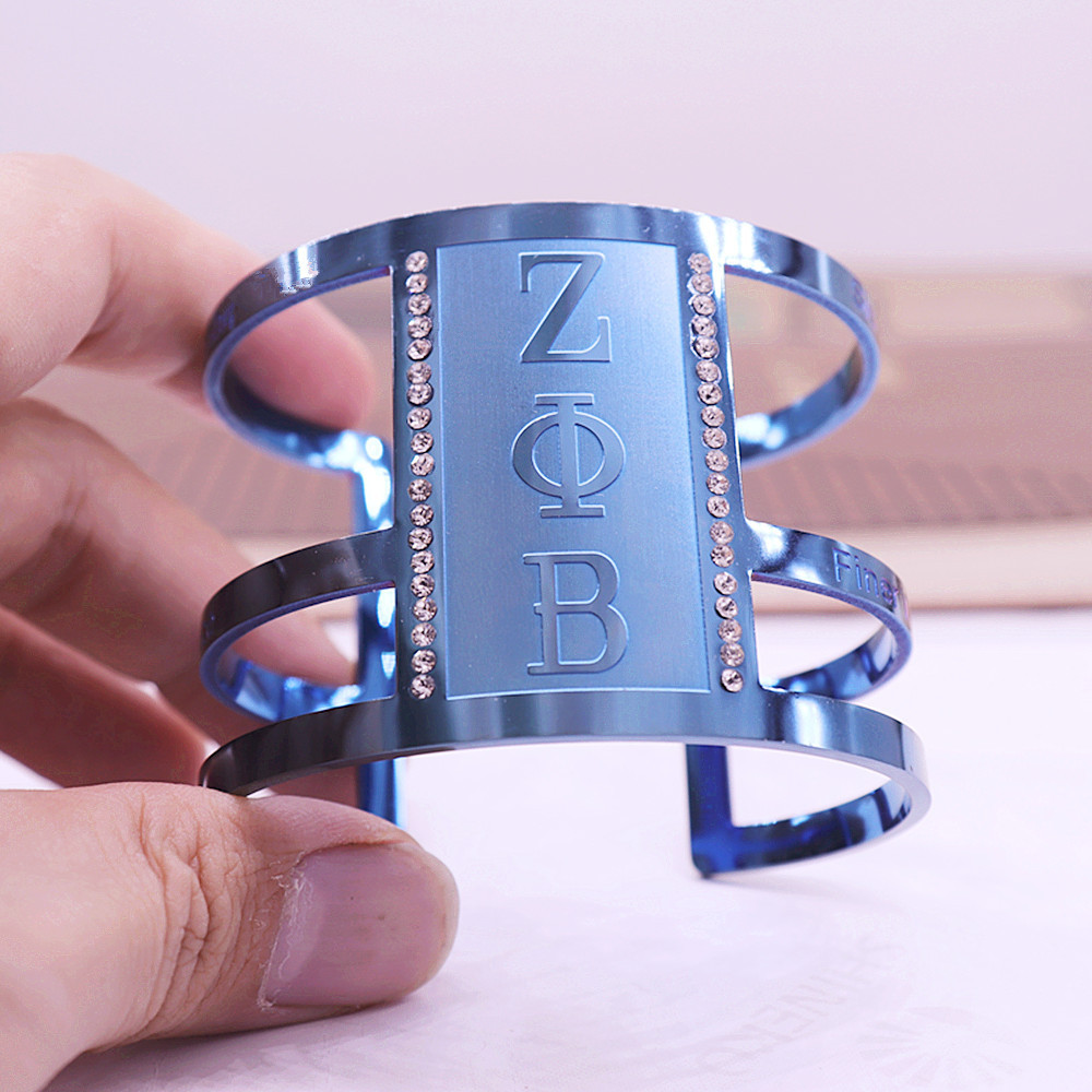 Super Gorgeous Satin Blue Color Accent Stainless Steel Making Inlay Rhinestone Letter Engraved Zeta Phi Beta Cuff Bangle