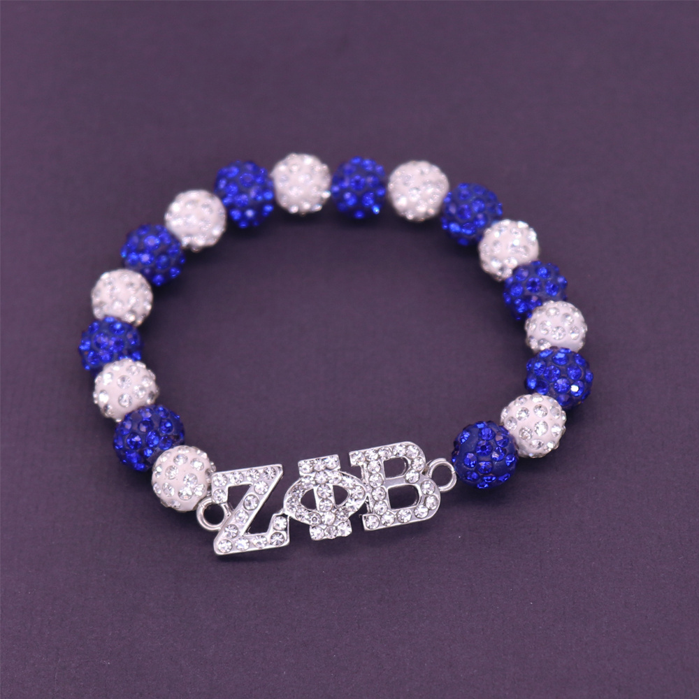 New Handmade Elastic Sorority Gifts White Blue Crystal Disco Ball Beads Greek Letters Zeta Phi Beta Bracelet Adjust