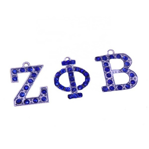 Metal Alloy Blue Crystal Rhinestone Greek Letter ZPB Label Jewelry Zeta Phi Beta Pendants Charm For Earring Bracelets Making