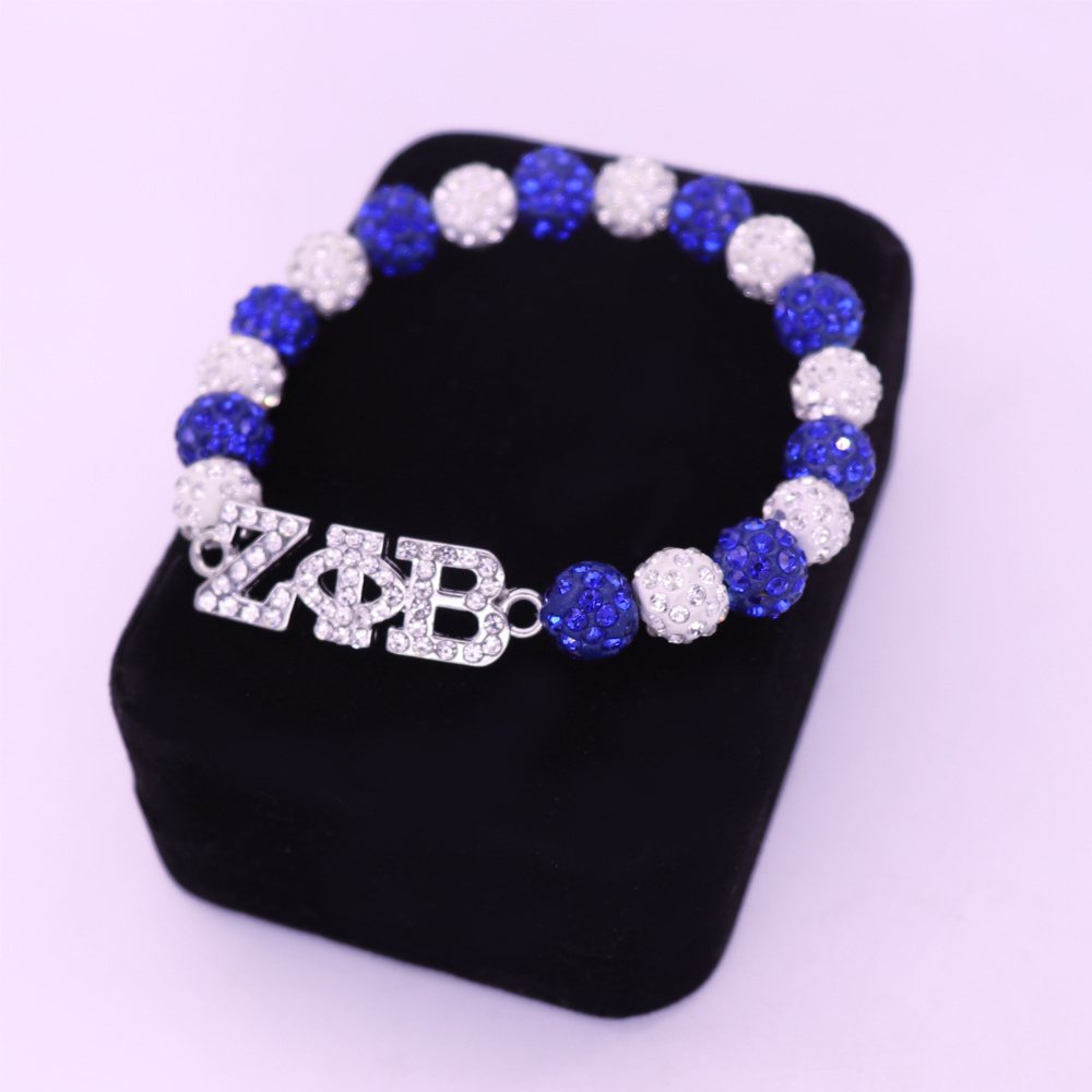 New Handmade Elastic Sorority Gifts White Blue Crystal Disco Ball Beads Greek Letters Zeta Phi Beta Bracelet Adjust