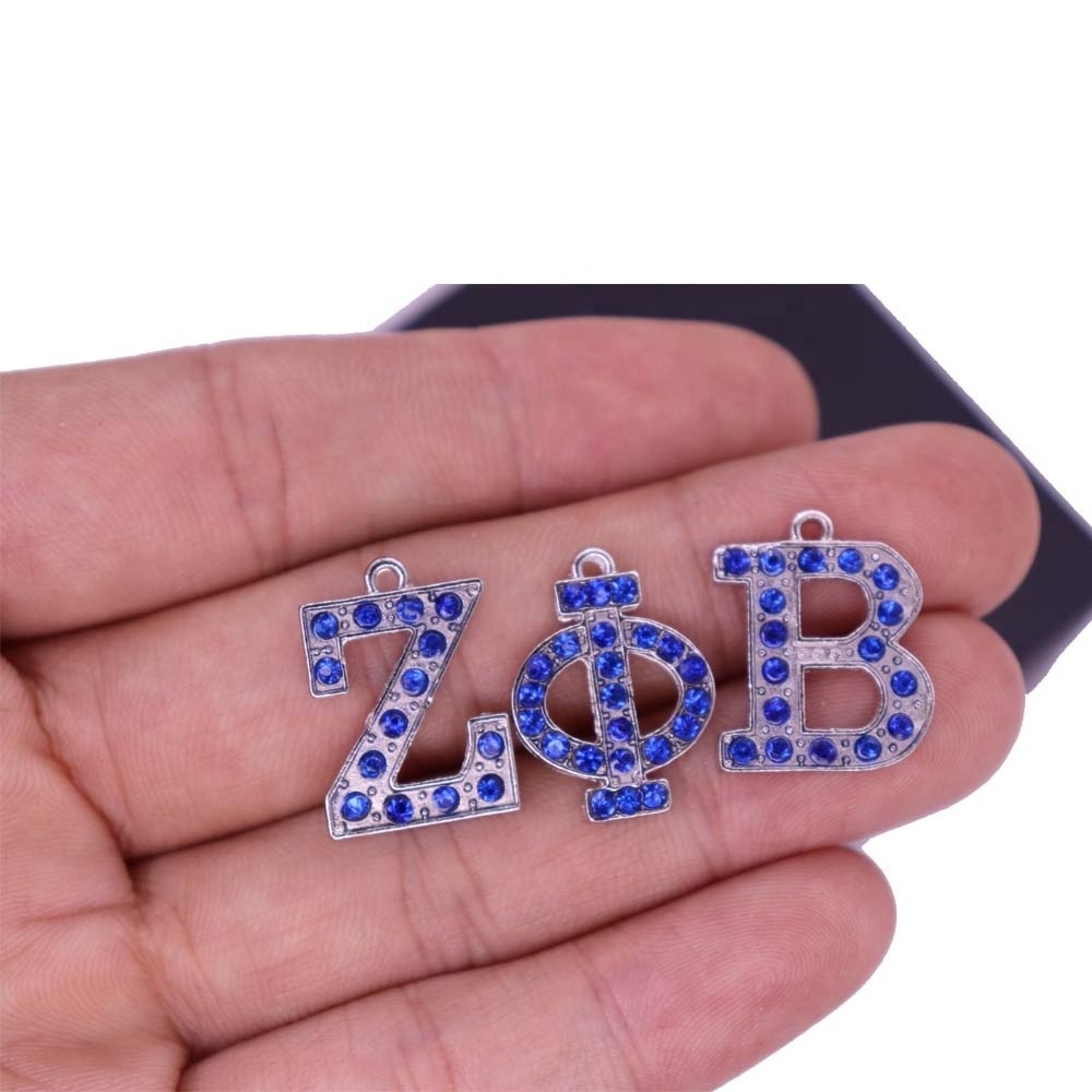 Metal Alloy Blue Crystal Rhinestone Greek Letter ZPB Label Jewelry Zeta Phi Beta Pendants Charm For Earring Bracelets Making