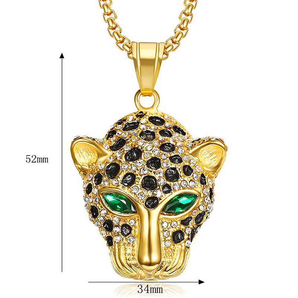 Luxury 18K Gold Plated Inlay Crystal Rhinestone Stainless Steel Leopard Head Pendant Jewelry Necklace For Men