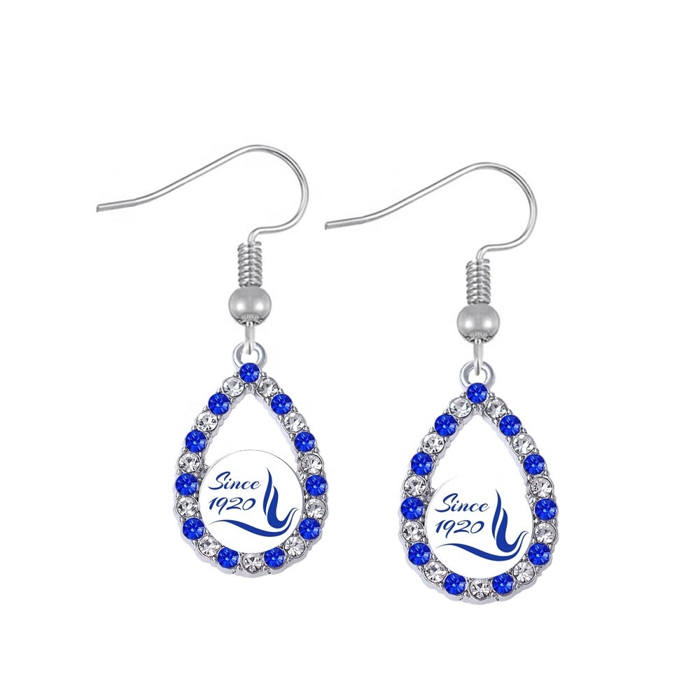 Stylish Custom Metal Inlay Diamond Blue White Crystal Sticker Soror Greek Member Society Sign Zeta Phi Beta Earrings