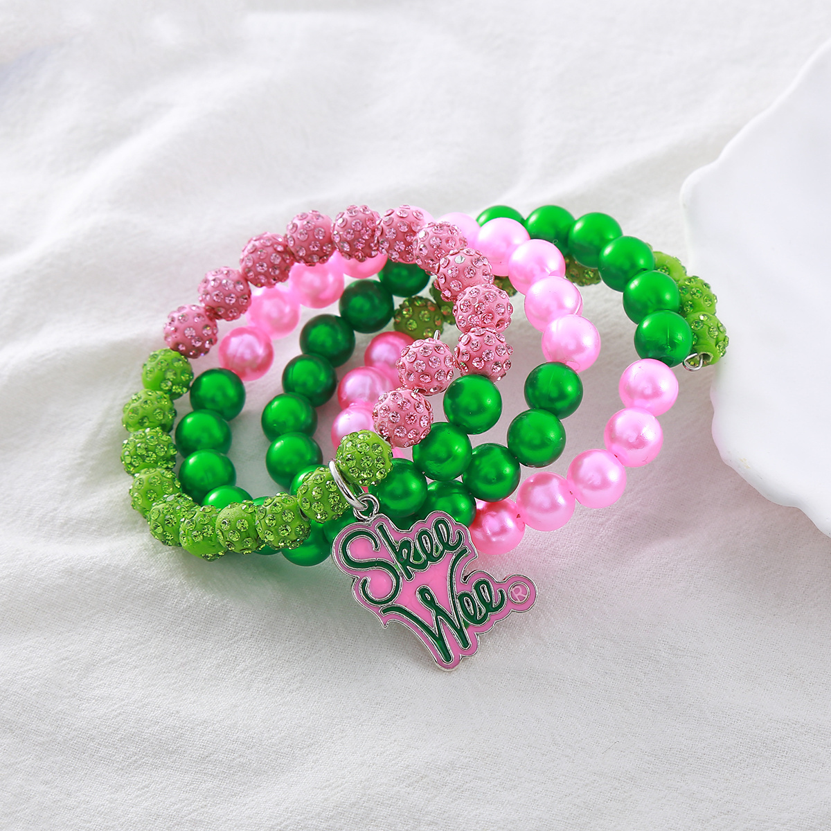 Premium Quality Four Layered Pink And Green Tone Beads Making Greek Sorority Symbol Skee Wee Statement Women Bracelet