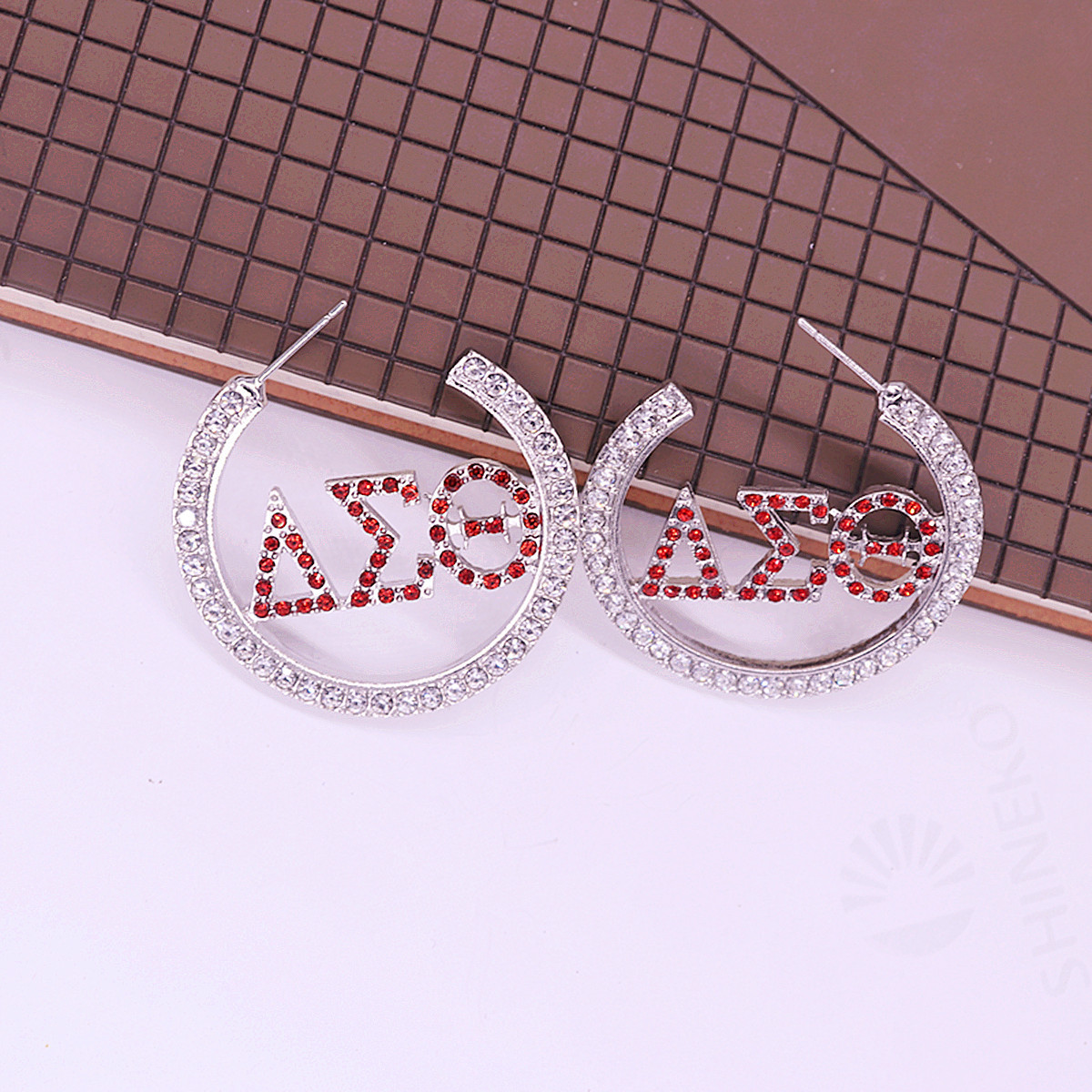 New Release Wholesale Fashionable Sorority Huggie Ear Jewelry Rhinestone Covered Greek Delta DST Women Hoop Earring