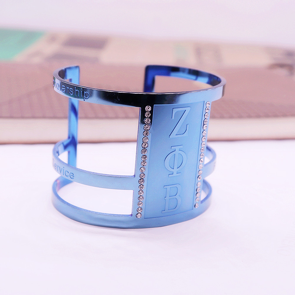 Super Gorgeous Satin Blue Color Accent Stainless Steel Making Inlay Rhinestone Letter Engraved Zeta Phi Beta Cuff Bangle