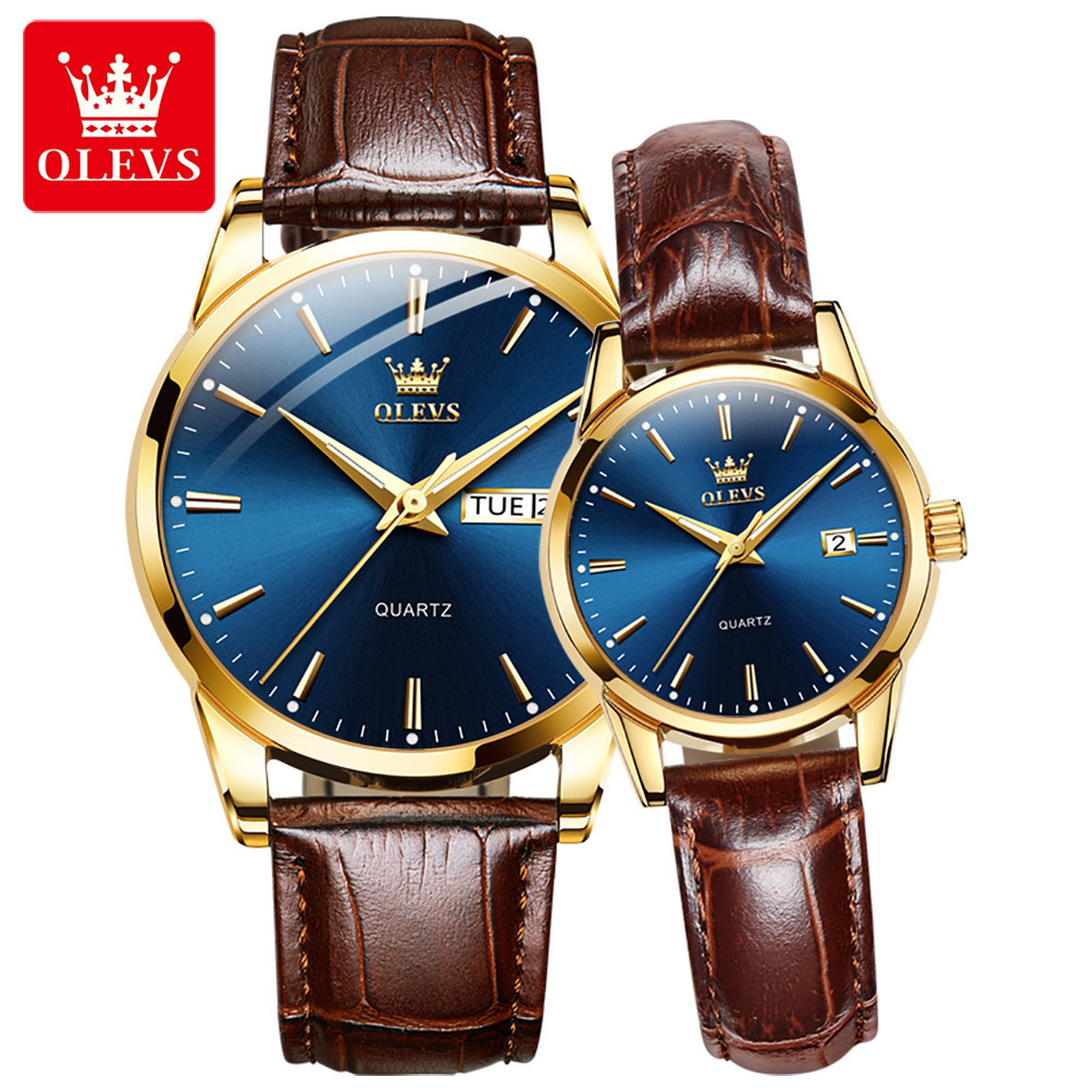 olevs 6898 Quartz Watch Men's Sports Clock Women's Dress Wrist Watch Faux Leather for Men Womens Couple Gift 2020 2pcs