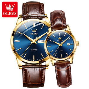 olevs 6898 Quartz Watch Men's Sports Clock Women's Dress Wrist Watch Faux Leather for Men Womens Couple Gift 2020 2pcs