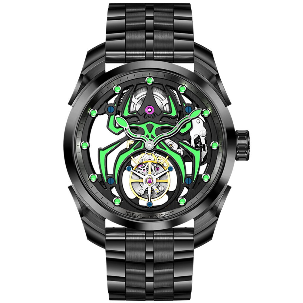 Ideal Knight 6802  odm High quality Luxury stainless steel Spider Sports Cool Design  Luminous  Hollow tourbillon watch for man