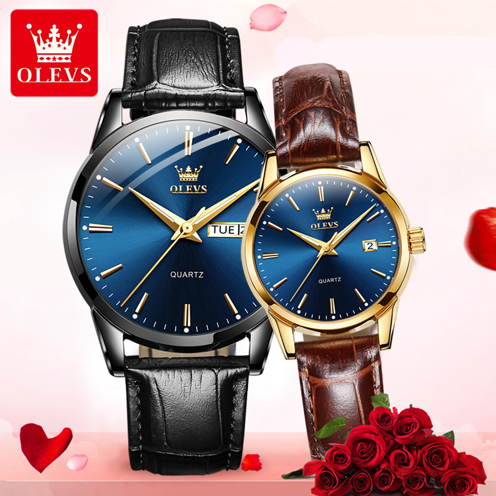 olevs 6898 Quartz Watch Men's Sports Clock Women's Dress Wrist Watch Faux Leather for Men Womens Couple Gift 2020 2pcs