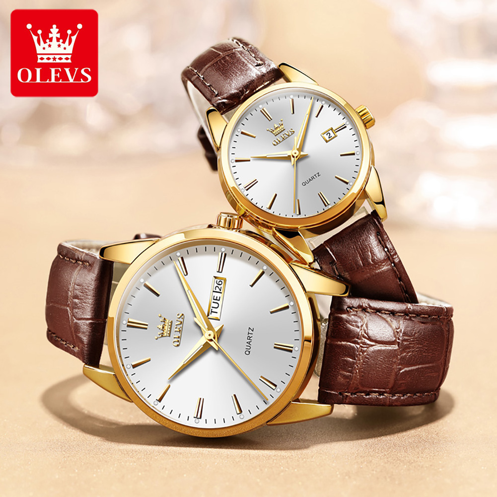 olevs 6898 Quartz Watch Men's Sports Clock Women's Dress Wrist Watch Faux Leather for Men Womens Couple Gift 2020 2pcs