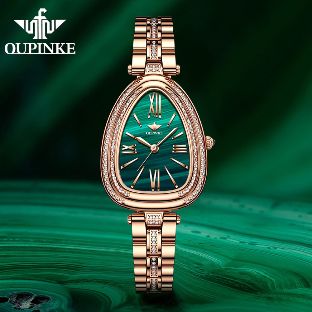 Oupinke 3192 Fashion Luxury waterproof  Diamond fashion Waterproof Wristwatches Stainless Steel Green Dial Analog Quartz  Watch