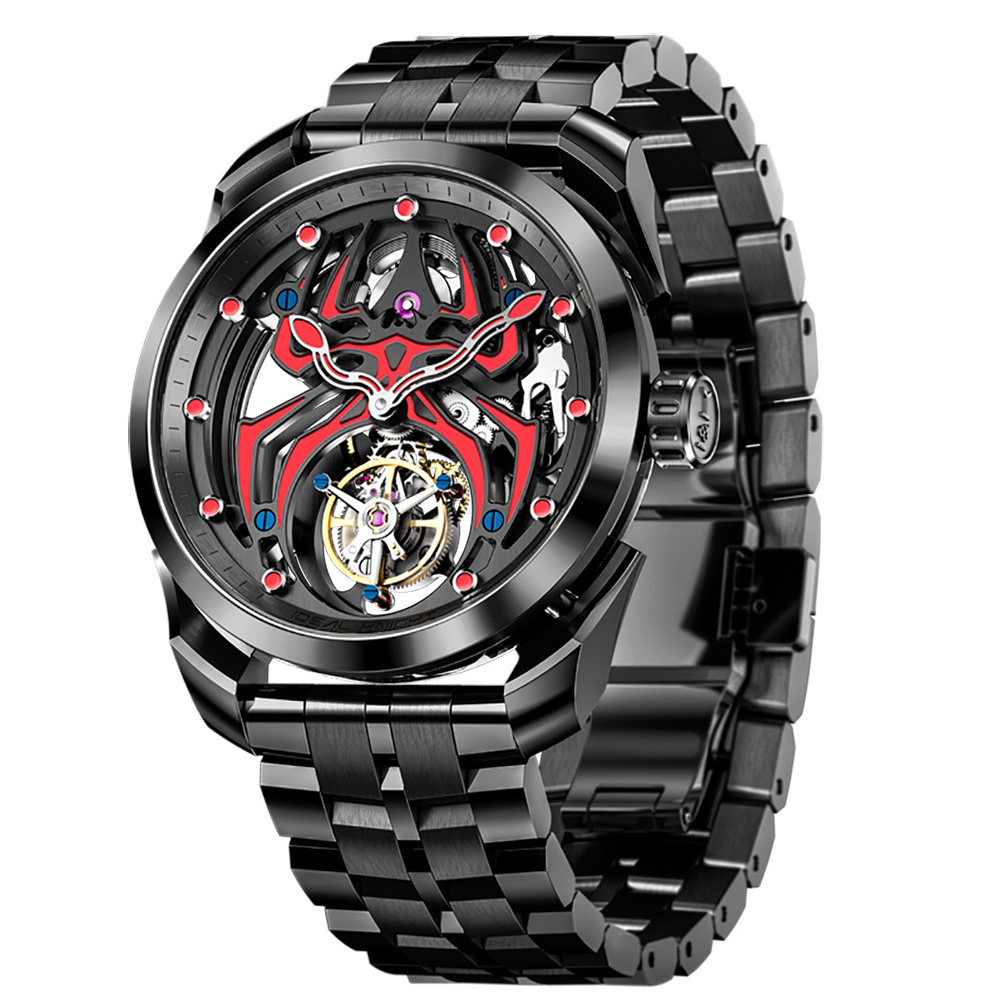 Ideal Knight 6802  odm High quality Luxury stainless steel Spider Sports Cool Design  Luminous  Hollow tourbillon watch for man