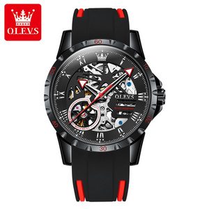 OLEVS 9918 OEM Fashion Men Automatic Self Wind Skeleton Mechanical Red Black Rubber Strap Fashion Tonneau Hollow Out Mens Watch