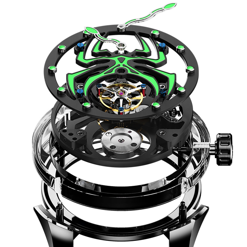 Ideal Knight 6802  odm High quality Luxury stainless steel Spider Sports Cool Design  Luminous  Hollow tourbillon watch for man