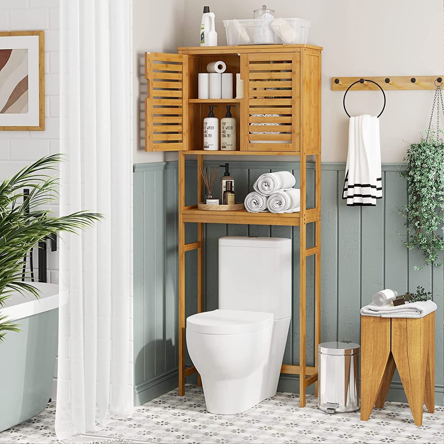 Over The Toilet Storage Cabinet, Tall Bathroom Cabinet Organizer with Cupboard and Adjustable Shelves, Freestanding Toilet Shelf