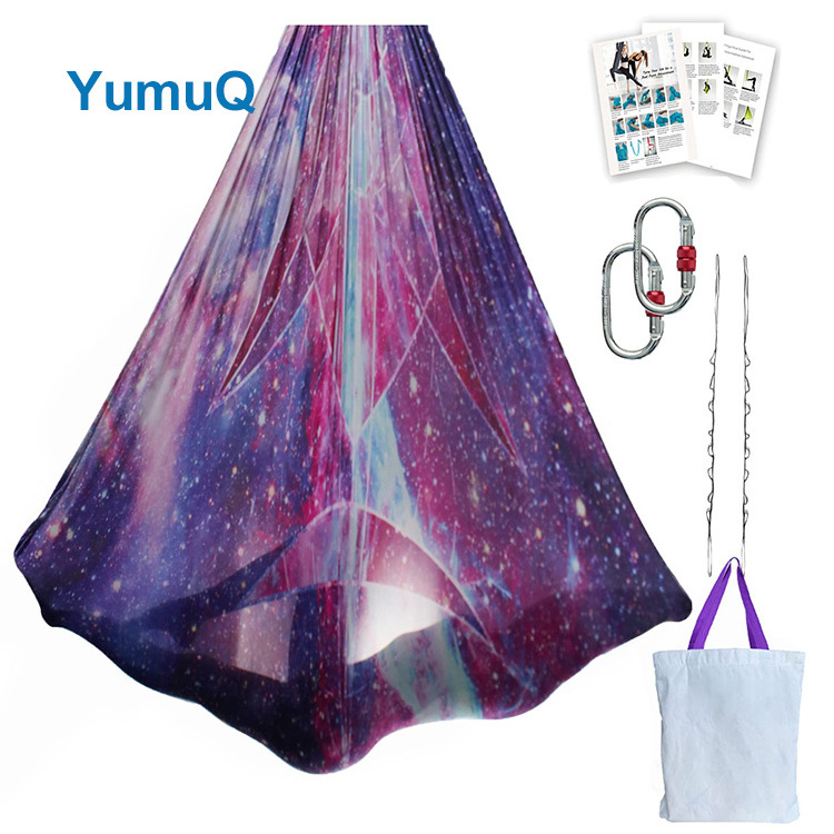 YumuQ Extension Straps Anti Gravity Elastic Gradient Blue Color Aerial Flying Yoga Silk Swing Fitness Hammock